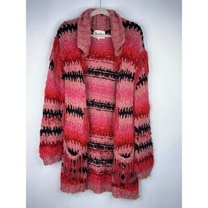 For Love & Lemons Pink Red Knit Cardigan Fringe Colorful Stripe Oversize Sweater